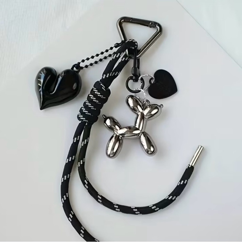 Restocked Silver Balloon Dog & Heart Keychain with Black-Trim White Cord